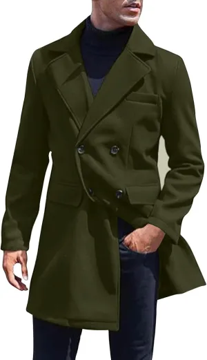 Men's Winter Warm Peacoat Single Breasted Trench Wool Blend Overcoat with Pockets