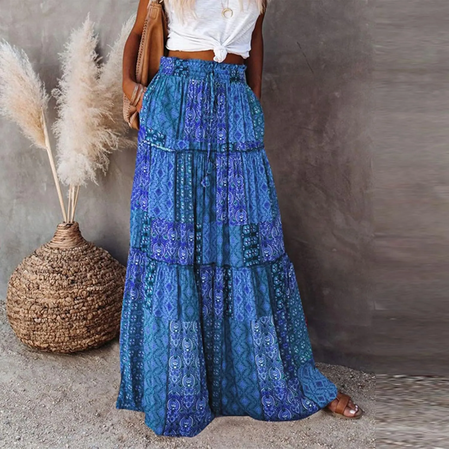midelxp Pleated Long Skirts for Women Summer Casual Elastic High Waisted Skirts A-Line Flowy Swing Maxi Skirt with Pockets