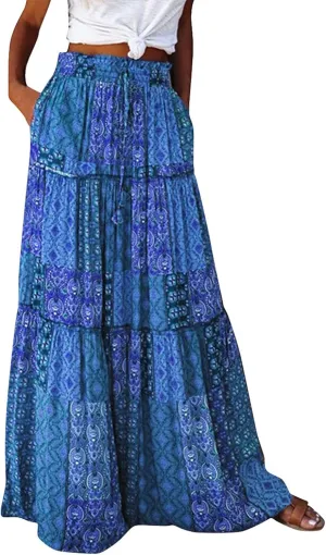 midelxp Pleated Long Skirts for Women Summer Casual Elastic High Waisted Skirts A-Line Flowy Swing Maxi Skirt with Pockets