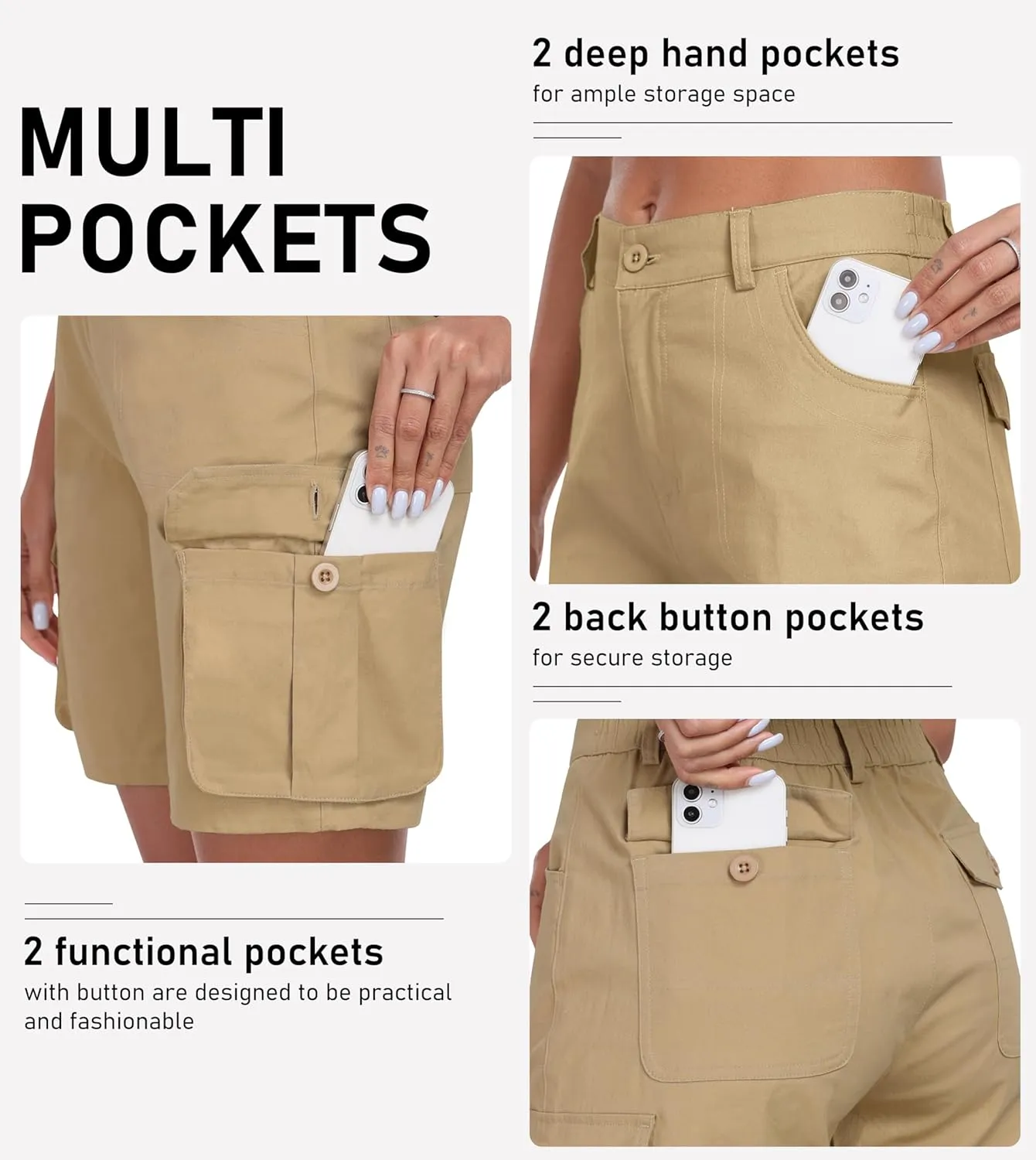 MoFiz Women's Cargo Shorts Bermuda Shorts Button Pockets Elastic Waist Knee Length Long Hiking Casual Shorts for Summer