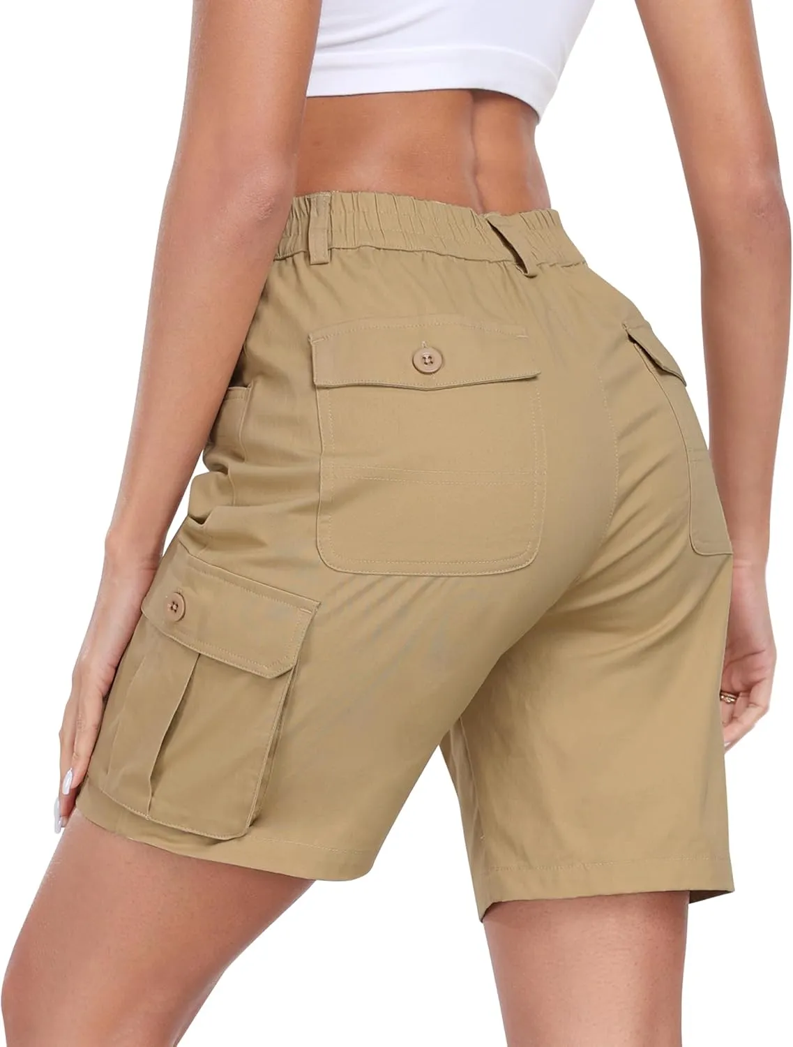 MoFiz Women's Cargo Shorts Bermuda Shorts Button Pockets Elastic Waist Knee Length Long Hiking Casual Shorts for Summer