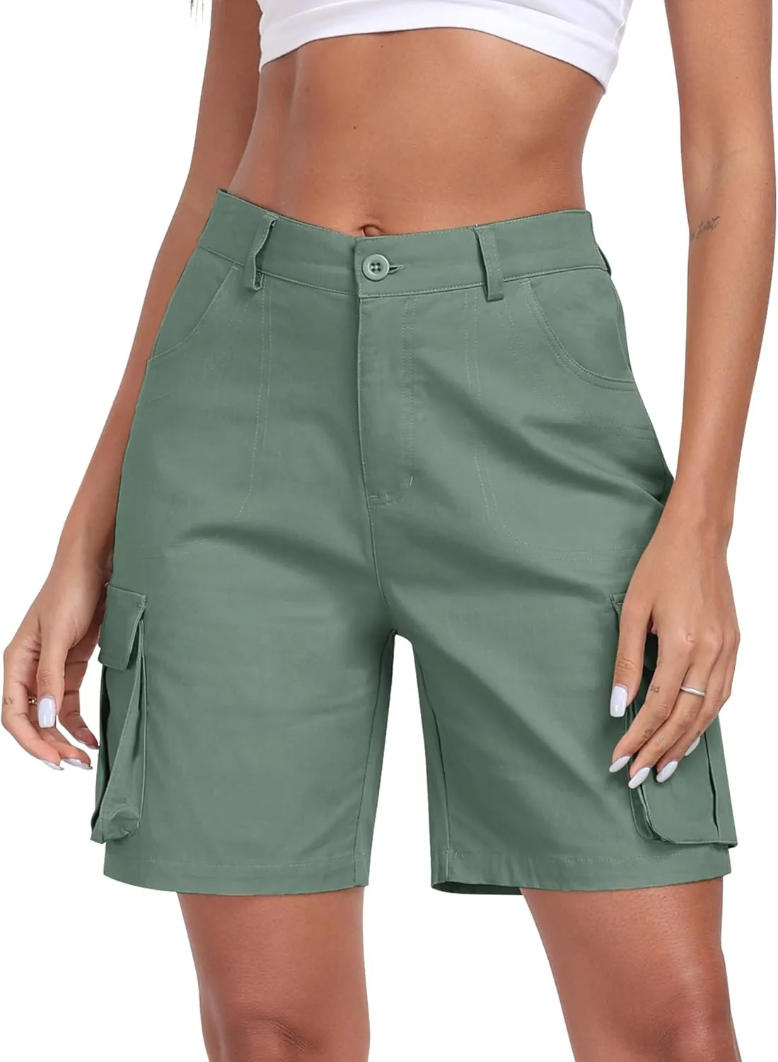 MoFiz Women's Cargo Shorts Bermuda Shorts Button Pockets Elastic Waist Knee Length Long Hiking Casual Shorts for Summer