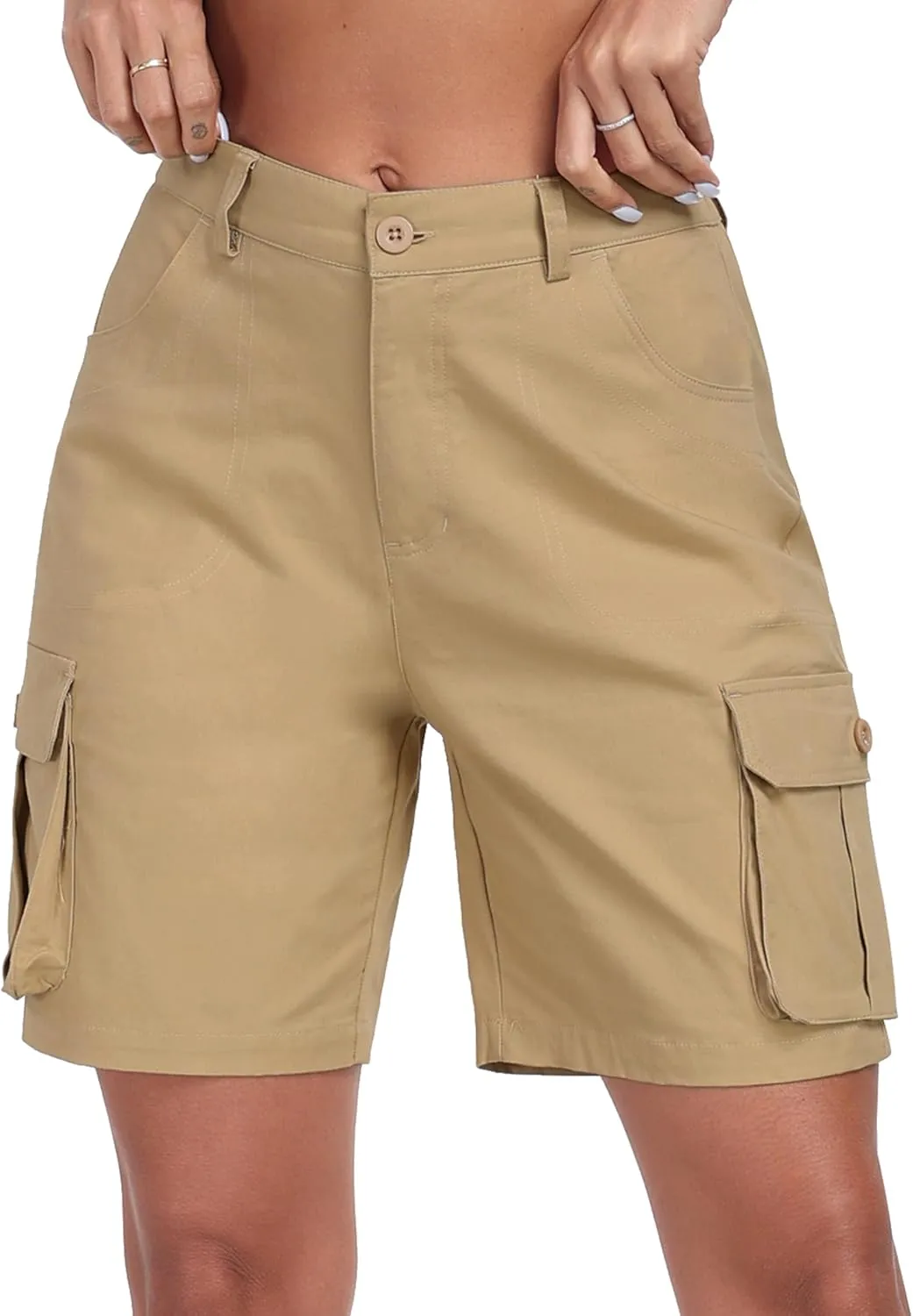 MoFiz Women's Cargo Shorts Bermuda Shorts Button Pockets Elastic Waist Knee Length Long Hiking Casual Shorts for Summer