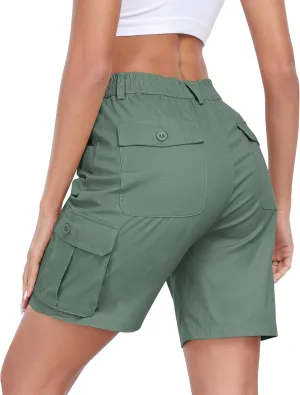 MoFiz Women's Cargo Shorts Bermuda Shorts Button Pockets Elastic Waist Knee Length Long Hiking Casual Shorts for Summer