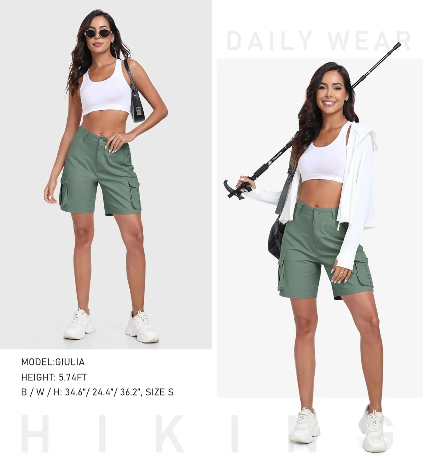 MoFiz Women's Cargo Shorts Bermuda Shorts Button Pockets Elastic Waist Knee Length Long Hiking Casual Shorts for Summer