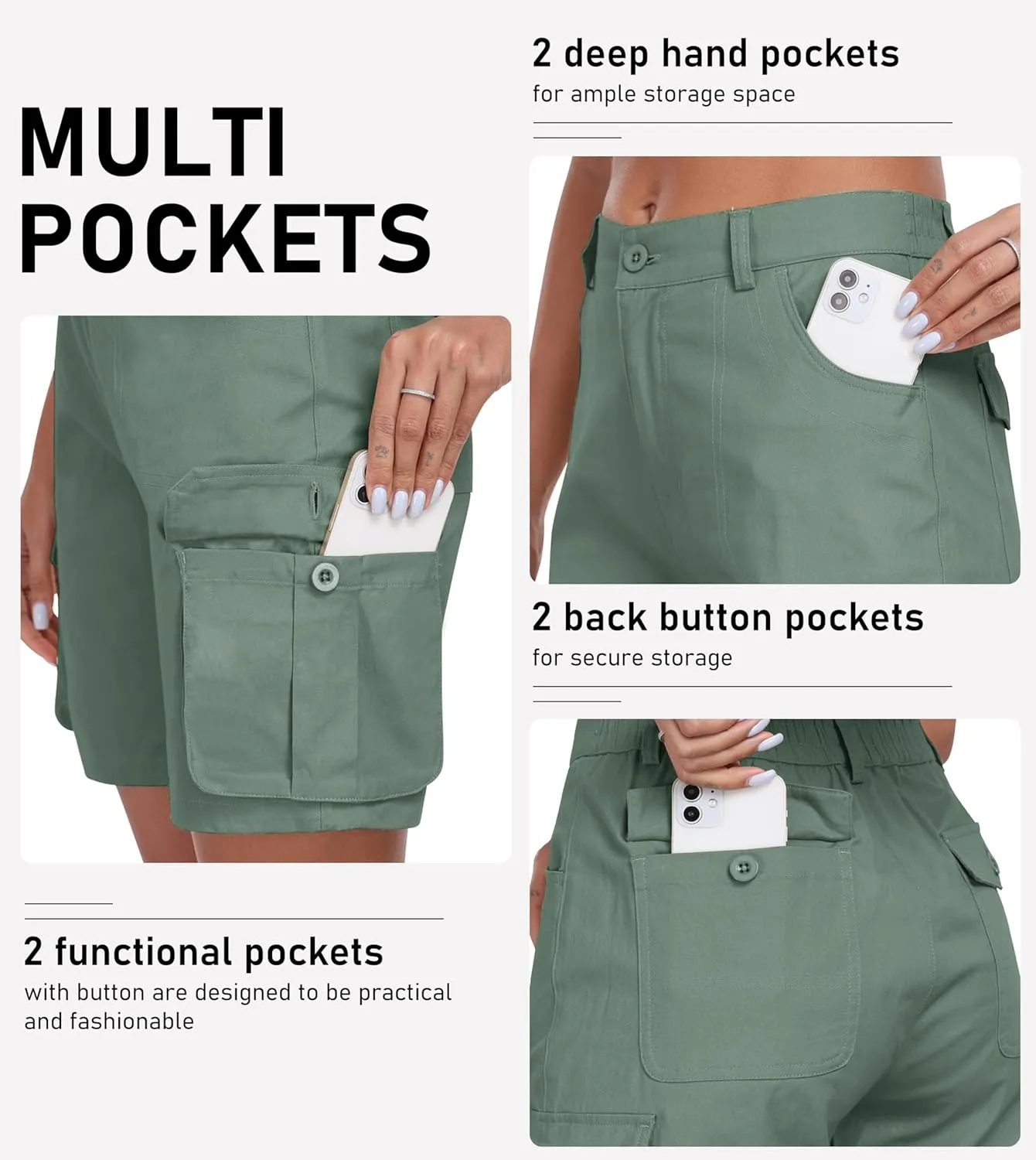 MoFiz Women's Cargo Shorts Bermuda Shorts Button Pockets Elastic Waist Knee Length Long Hiking Casual Shorts for Summer