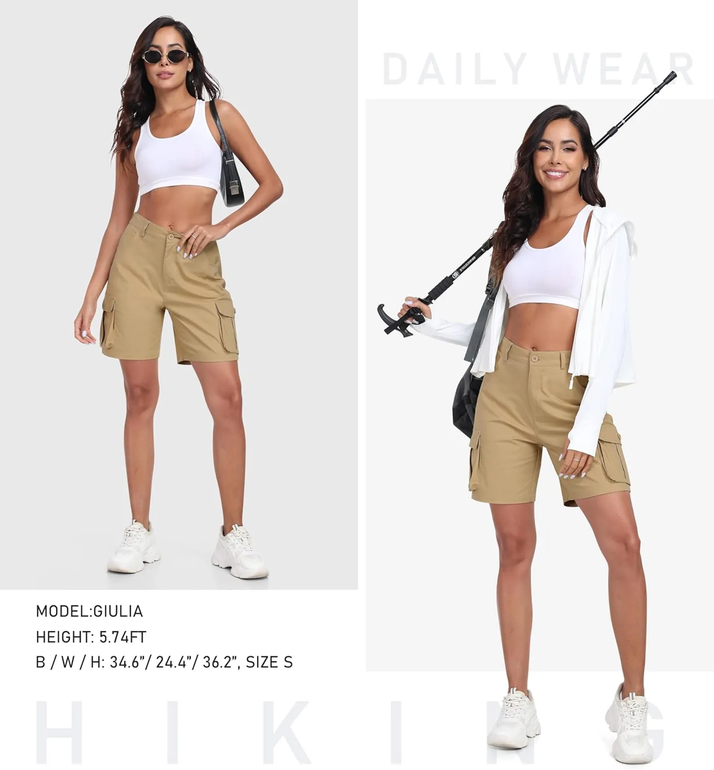 MoFiz Women's Cargo Shorts Bermuda Shorts Button Pockets Elastic Waist Knee Length Long Hiking Casual Shorts for Summer