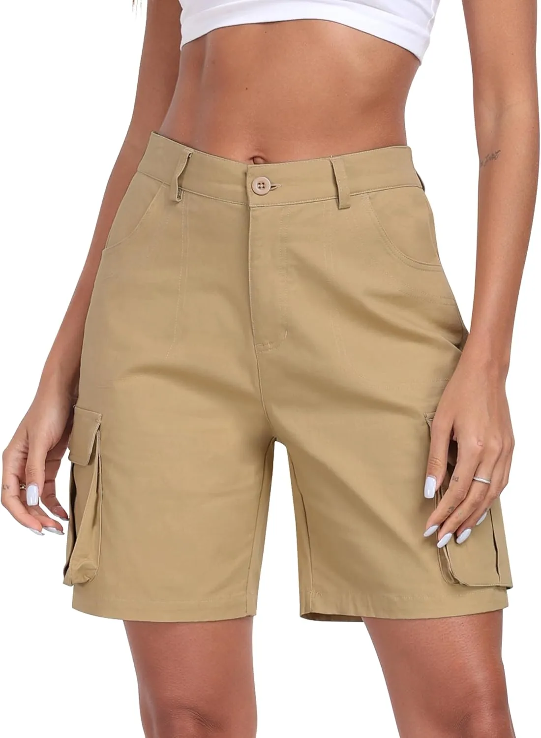 MoFiz Women's Cargo Shorts Bermuda Shorts Button Pockets Elastic Waist Knee Length Long Hiking Casual Shorts for Summer
