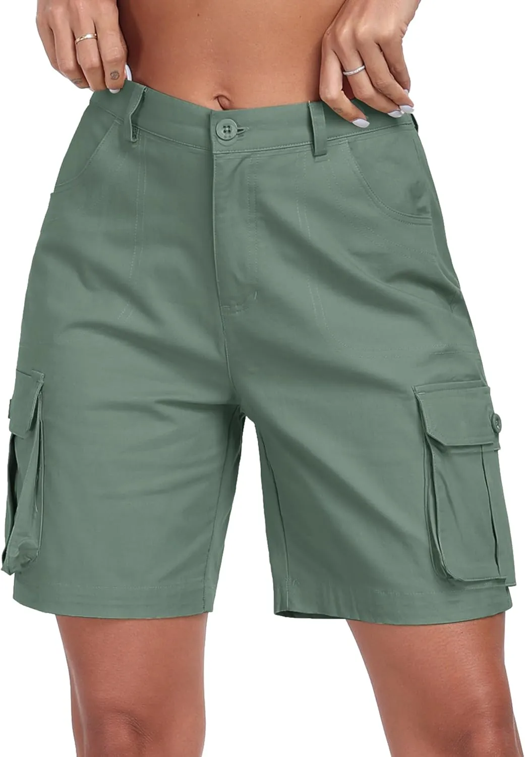 MoFiz Women's Cargo Shorts Bermuda Shorts Button Pockets Elastic Waist Knee Length Long Hiking Casual Shorts for Summer