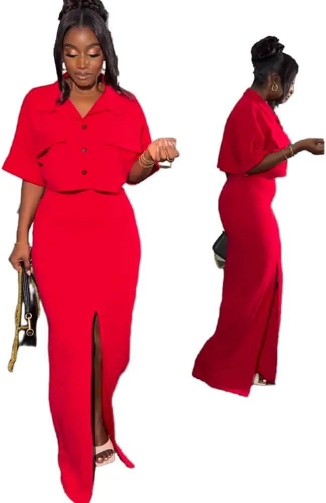 Molilove Womens 2 Piece Outfits Sexy Short Sleeve Button Cropped Jacket Split Bodycon Maxi Skirt Sets Matching Dressy Set