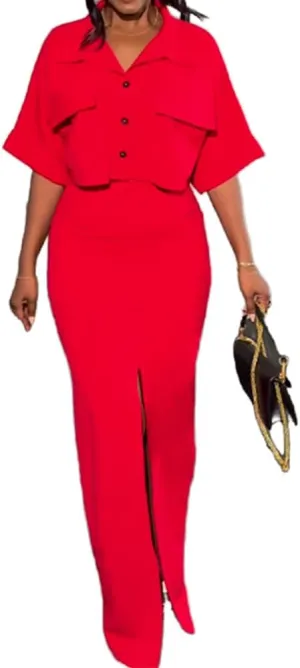 Molilove Womens 2 Piece Outfits Sexy Short Sleeve Button Cropped Jacket Split Bodycon Maxi Skirt Sets Matching Dressy Set