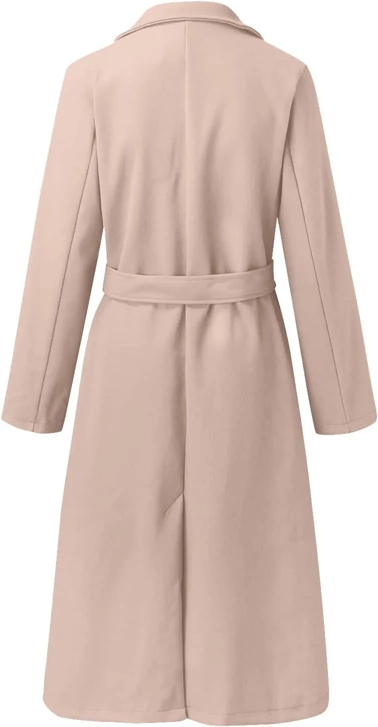 NaRHbrg Elegant Wool Coats for Womens Faux Wool Trench Coats Long Jacket Ladies Coat Women Ring Master Jacket with Belt