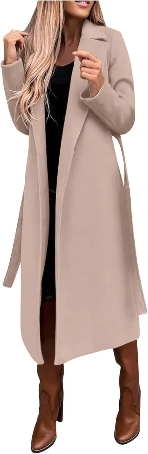 NaRHbrg Elegant Wool Coats for Womens Faux Wool Trench Coats Long Jacket Ladies Coat Women Ring Master Jacket with Belt