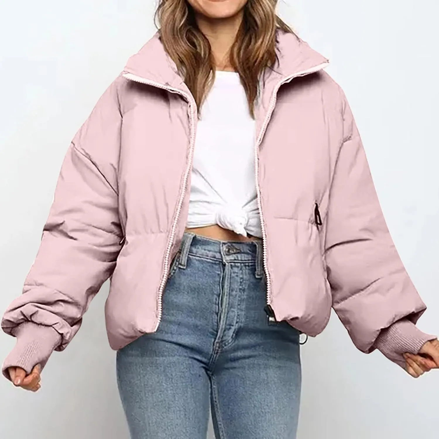 NaRHbrg Women Down Jacket, Women's Winter Warm Puffer Down Coats Stand Collar Long Sleeve Outerwear Jacket Padded Coat