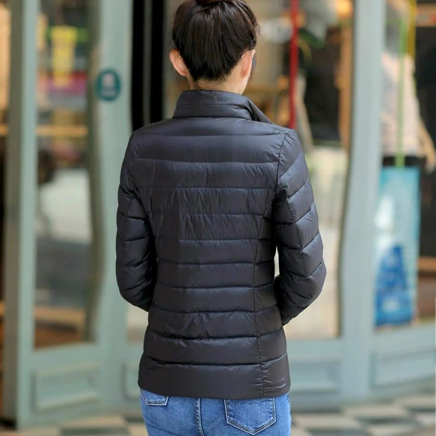 NaRHbrg Womens Winter Down Jacket Ladies Ultra Lightweight Fashion Zip Up Quilted Puffer Jacket Stand Collar Outerwear