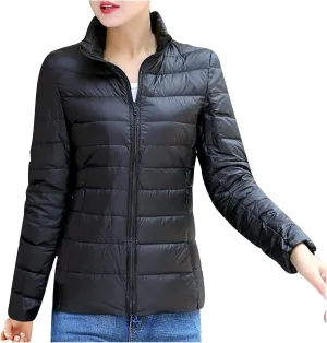 NaRHbrg Womens Winter Down Jacket Ladies Ultra Lightweight Fashion Zip Up Quilted Puffer Jacket Stand Collar Outerwear
