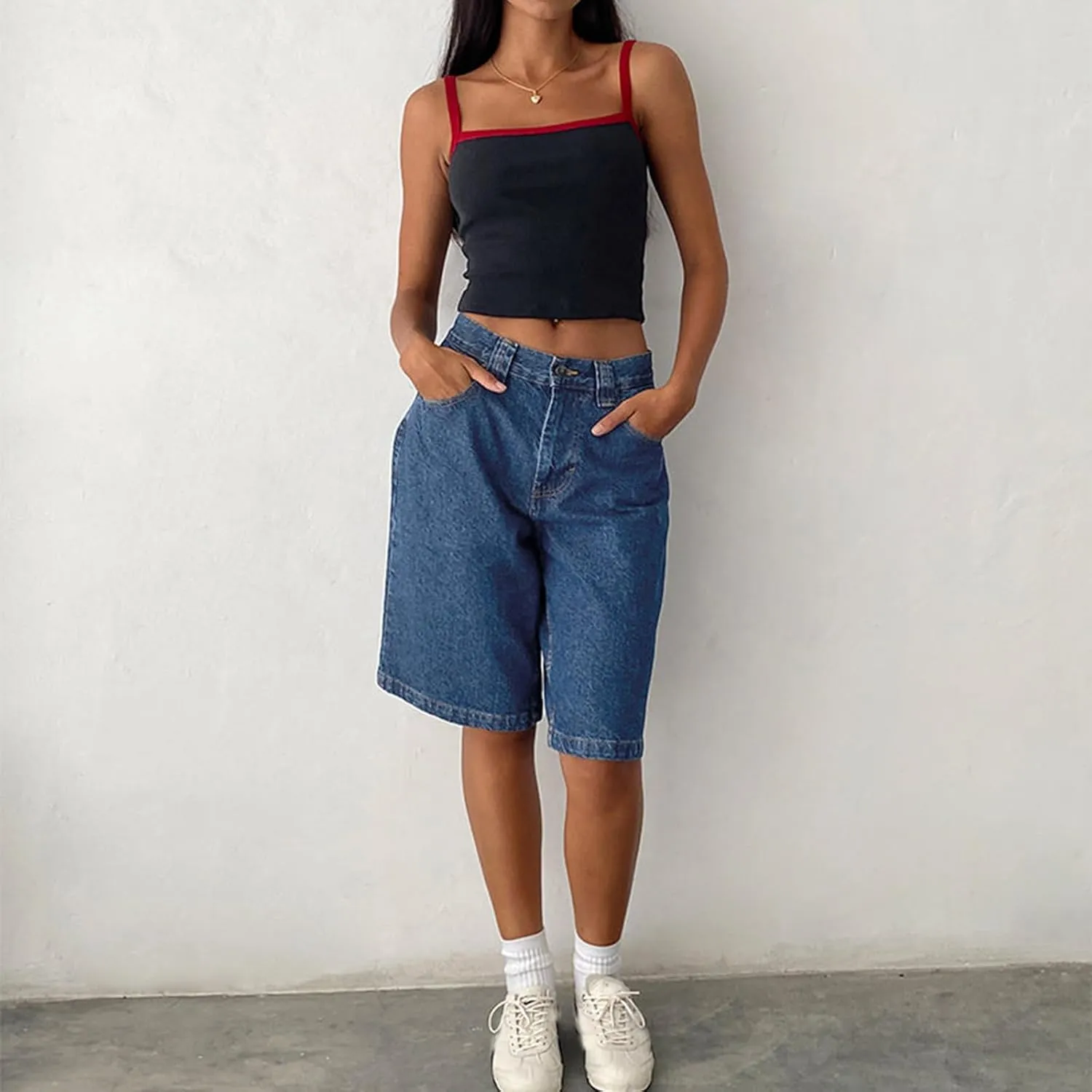 NUFIWI Women Y2k Boyfriend Denim Shorts Low Waist Wide Leg Bermuda Shorts Straight Leg Summer Jean Shorts Streetwear