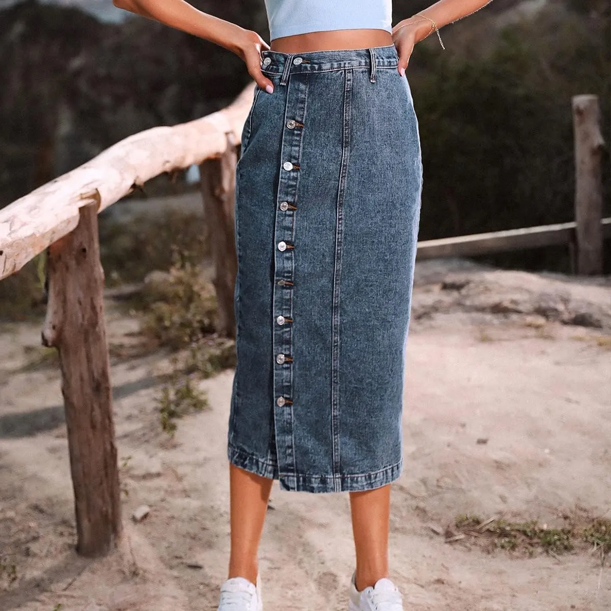 OBEEII Women's Denim Skirts Midi Length High Waist Button Split Hem Long Bodycon Pencil Skirt