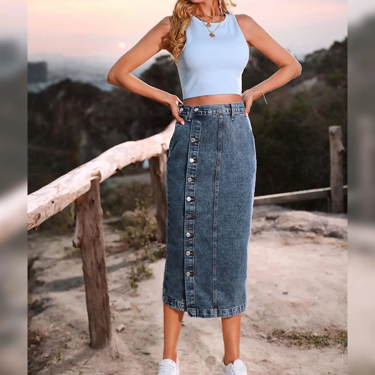 OBEEII Women's Denim Skirts Midi Length High Waist Button Split Hem Long Bodycon Pencil Skirt