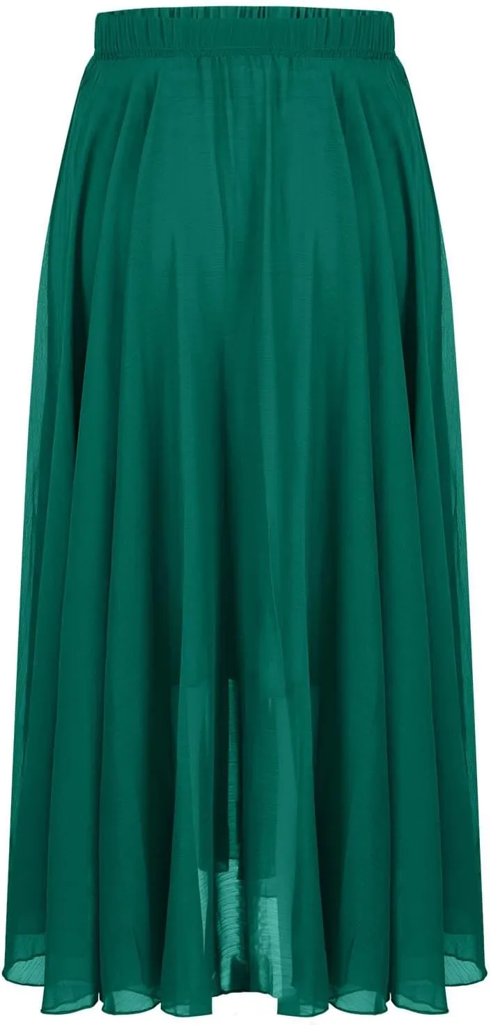Oplxuo Women's Elastic Waist Chiffon Flowy Maxi Skirt Full Length A-Line Beach Long Skirts