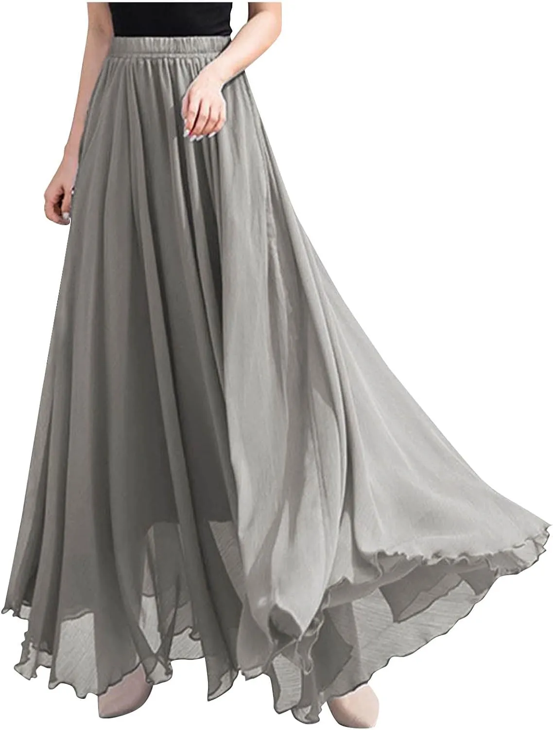 Oplxuo Women's Elastic Waist Chiffon Flowy Maxi Skirt Full Length A-Line Beach Long Skirts