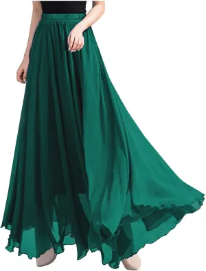 Oplxuo Women's Elastic Waist Chiffon Flowy Maxi Skirt Full Length A-Line Beach Long Skirts