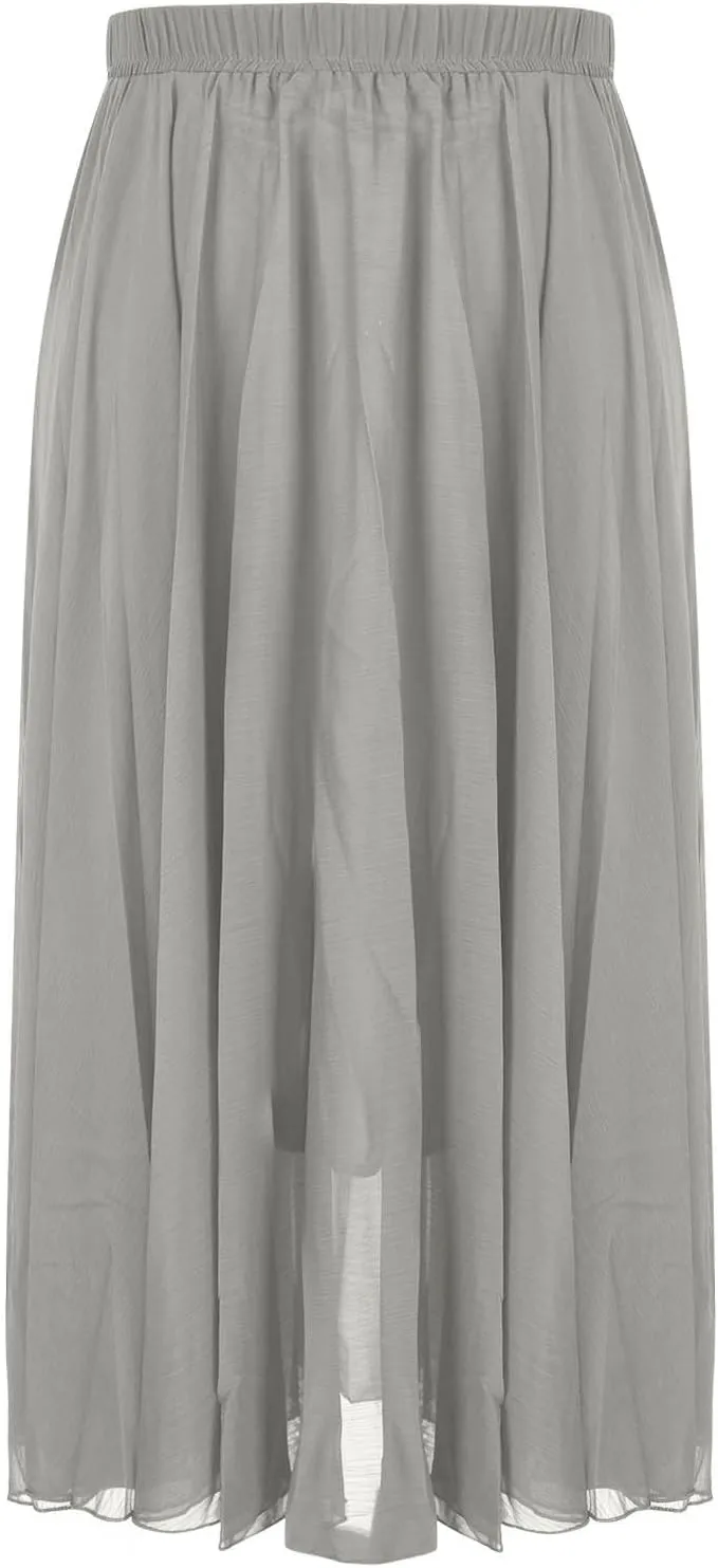 Oplxuo Women's Elastic Waist Chiffon Flowy Maxi Skirt Full Length A-Line Beach Long Skirts