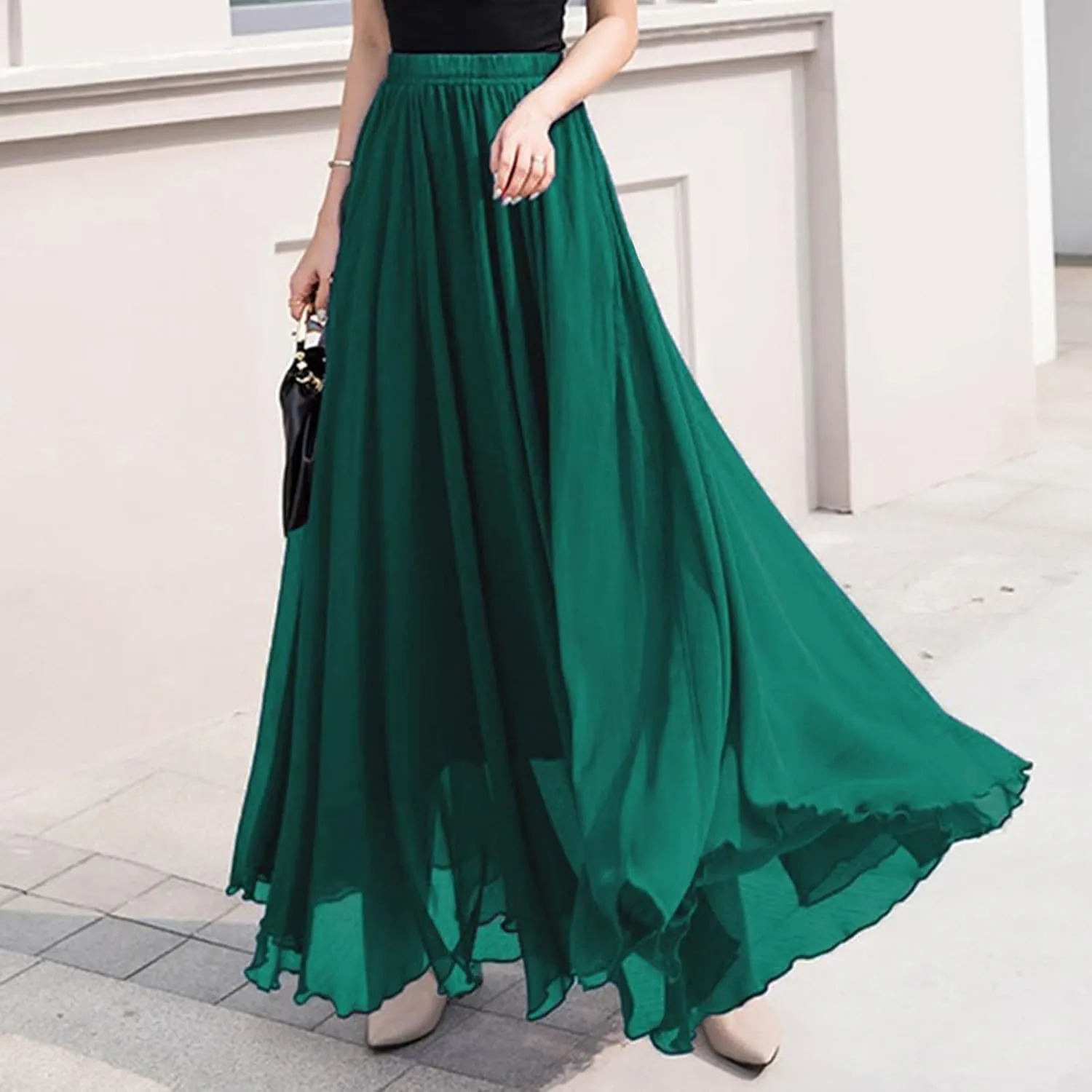 Oplxuo Women's Elastic Waist Chiffon Flowy Maxi Skirt Full Length A-Line Beach Long Skirts