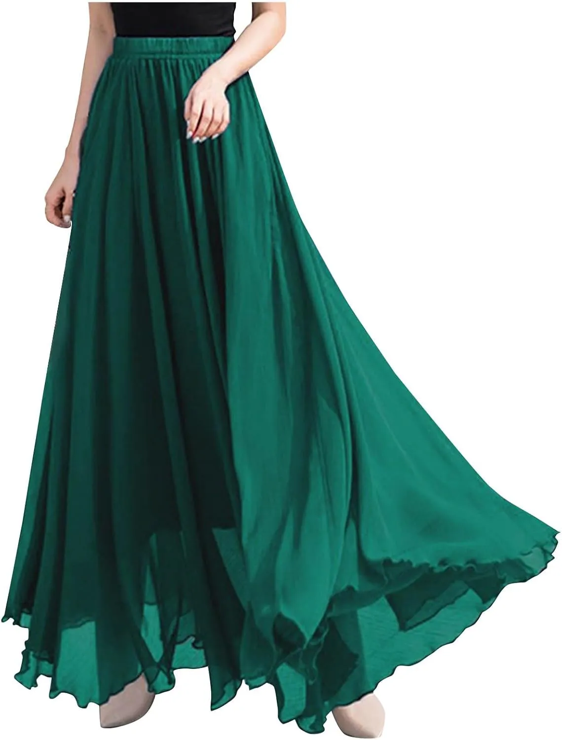 Oplxuo Women's Elastic Waist Chiffon Flowy Maxi Skirt Full Length A-Line Beach Long Skirts