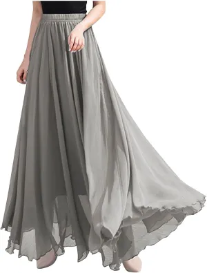 Oplxuo Women's Elastic Waist Chiffon Flowy Maxi Skirt Full Length A-Line Beach Long Skirts