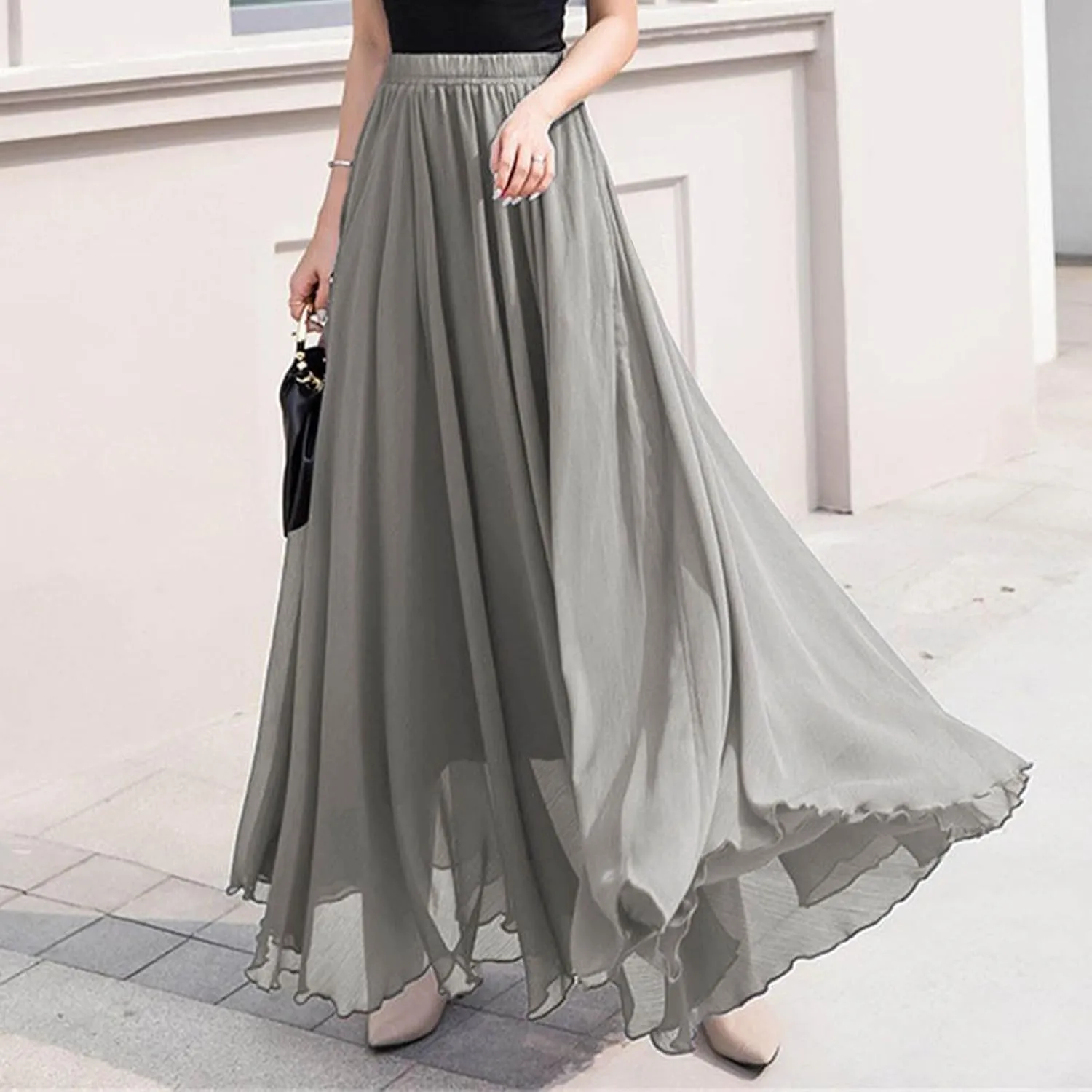 Oplxuo Women's Elastic Waist Chiffon Flowy Maxi Skirt Full Length A-Line Beach Long Skirts