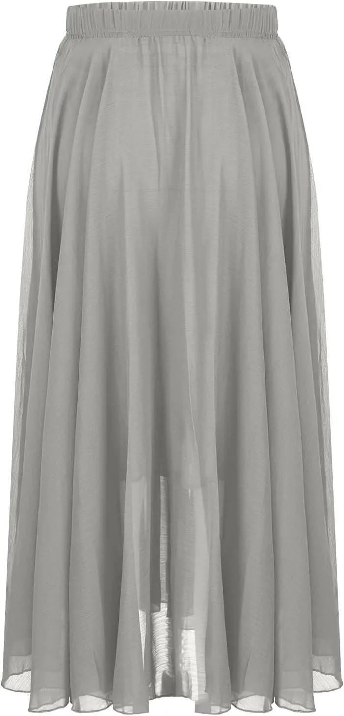 Oplxuo Women's Elastic Waist Chiffon Flowy Maxi Skirt Full Length A-Line Beach Long Skirts