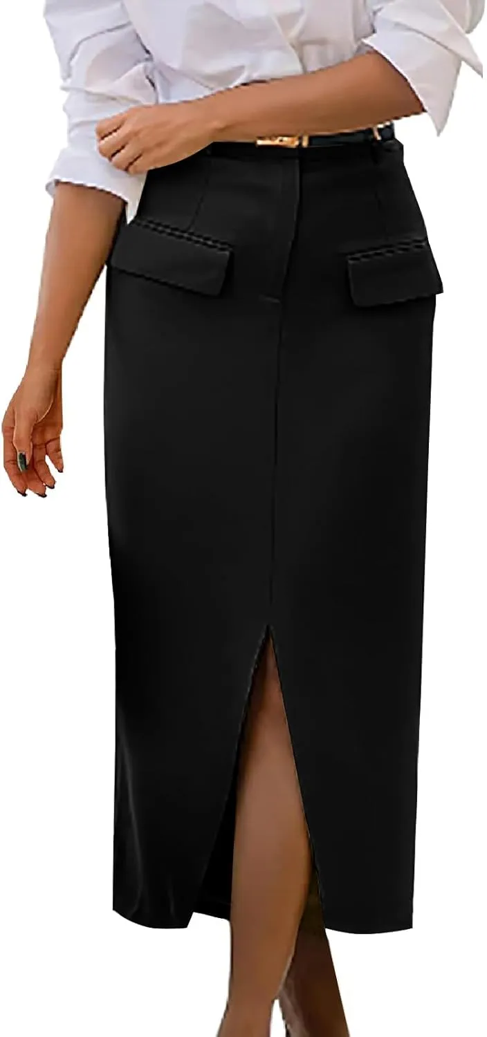 Oplxuo Women's Pencil Skirt Slit Front Cotton Business Casual Work Midi Skirts Ladies Elastic High Waist Bodycon Suit Skirts