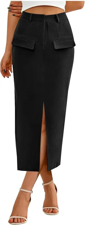 Oplxuo Women's Pencil Skirt Slit Front Cotton Business Casual Work Midi Skirts Ladies Elastic High Waist Bodycon Suit Skirts
