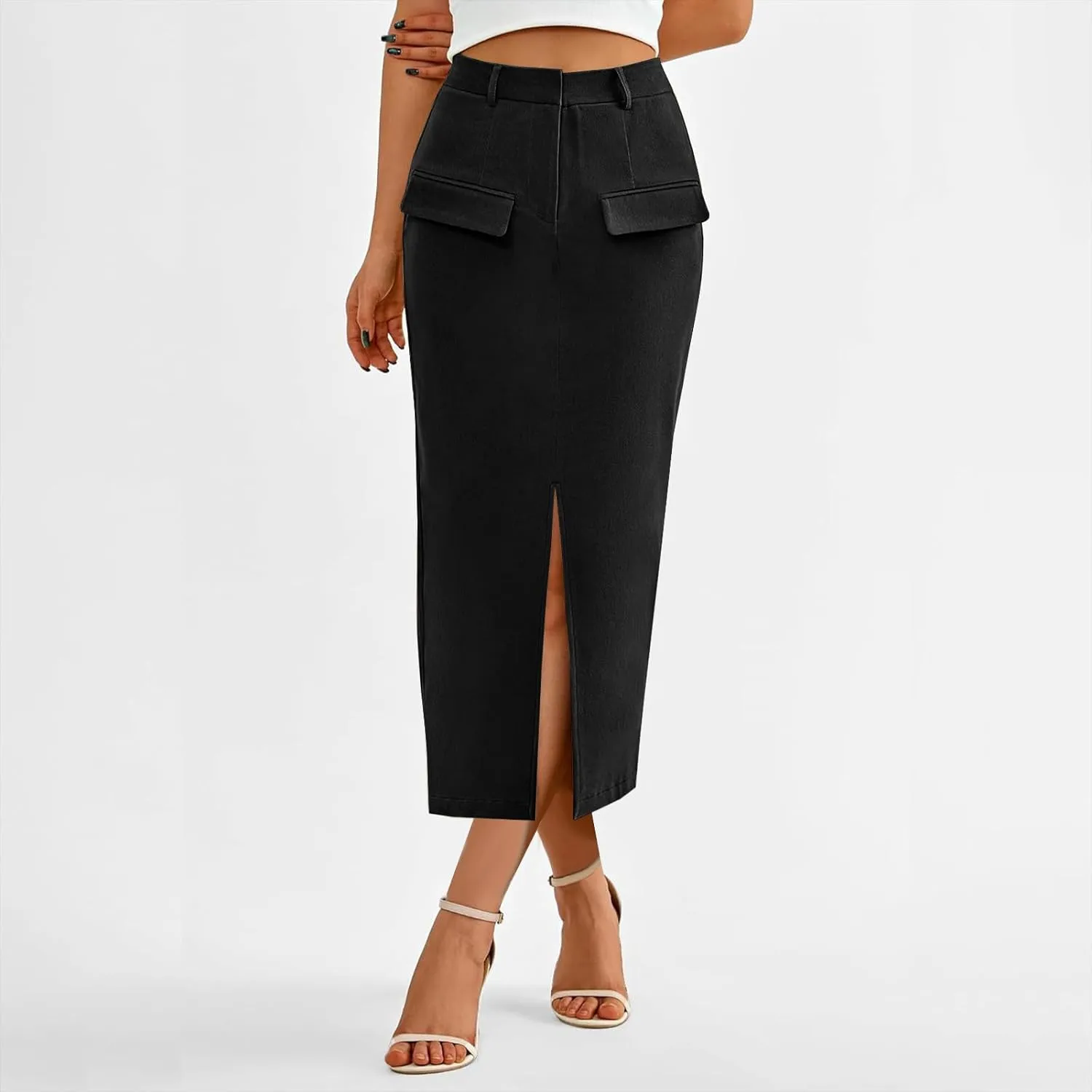 Oplxuo Women's Pencil Skirt Slit Front Cotton Business Casual Work Midi Skirts Ladies Elastic High Waist Bodycon Suit Skirts