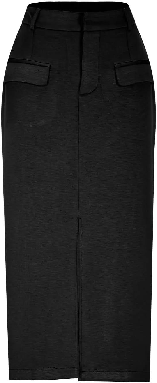 Oplxuo Women's Pencil Skirt Slit Front Cotton Business Casual Work Midi Skirts Ladies Elastic High Waist Bodycon Suit Skirts