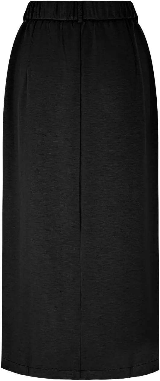 Oplxuo Women's Pencil Skirt Slit Front Cotton Business Casual Work Midi Skirts Ladies Elastic High Waist Bodycon Suit Skirts