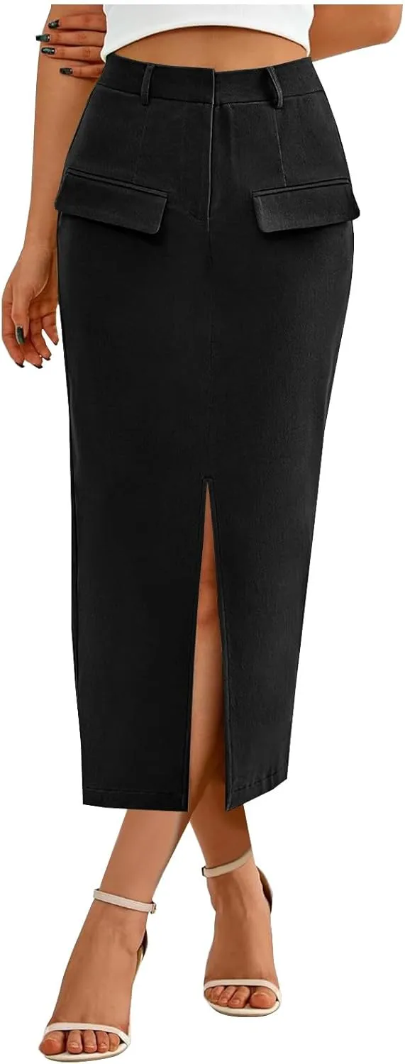 Oplxuo Women's Pencil Skirt Slit Front Cotton Business Casual Work Midi Skirts Ladies Elastic High Waist Bodycon Suit Skirts