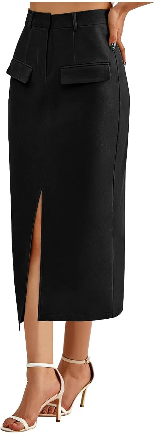 Oplxuo Women's Pencil Skirt Slit Front Cotton Business Casual Work Midi Skirts Ladies Elastic High Waist Bodycon Suit Skirts