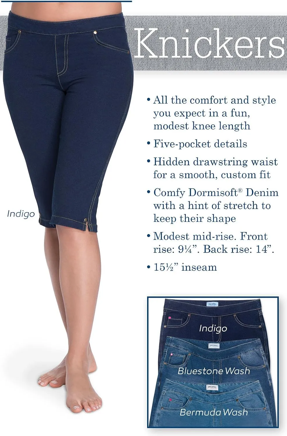 PajamaJeans Ladies Bermuda Shorts for Women - Pedal Pushers for Women Knee Length Shorts - Pull on Shorts Women with Pockets