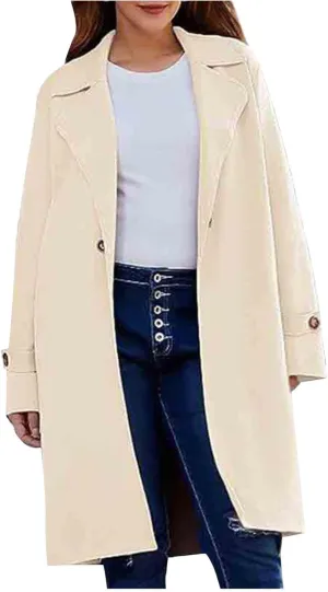Pea Coats for Women Notch Collar Single Breasted Mid-Long Trench Coat Essential Winter Warm Casual Woolen Overcoat