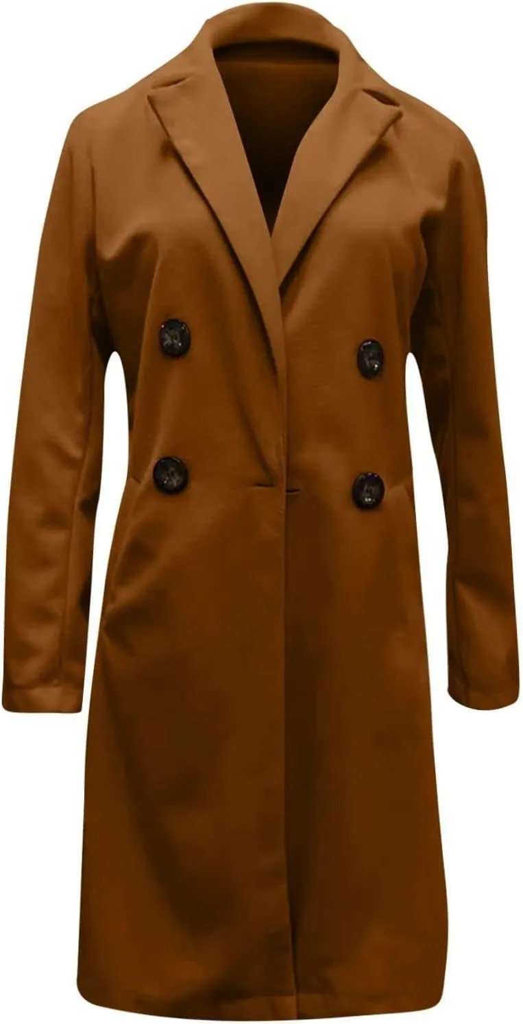 Pea Coats For Women,2024 Trendy Classic Notched Lapel Collar Double Breasted Trench Coat Mid Slim Fit Winter Coats