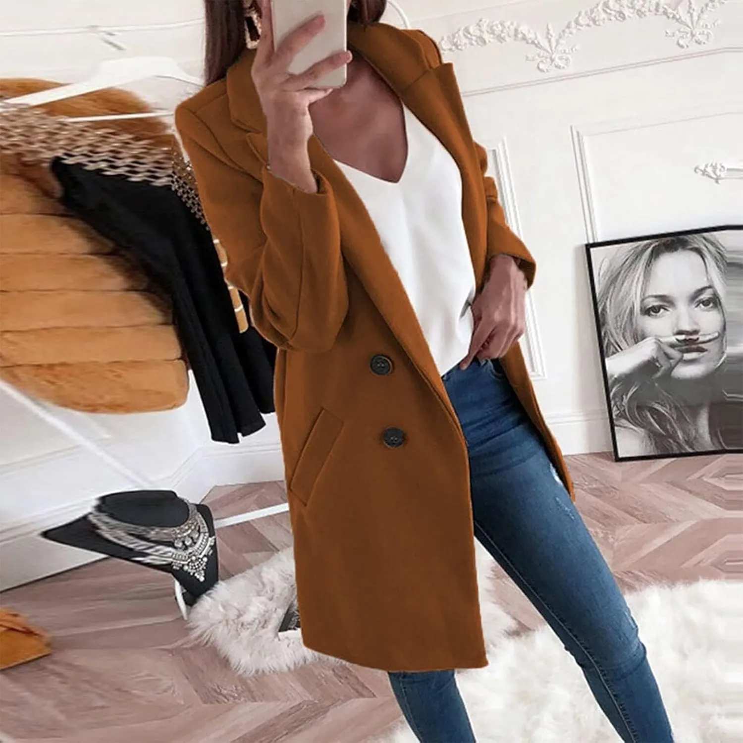 Pea Coats For Women,2024 Trendy Classic Notched Lapel Collar Double Breasted Trench Coat Mid Slim Fit Winter Coats