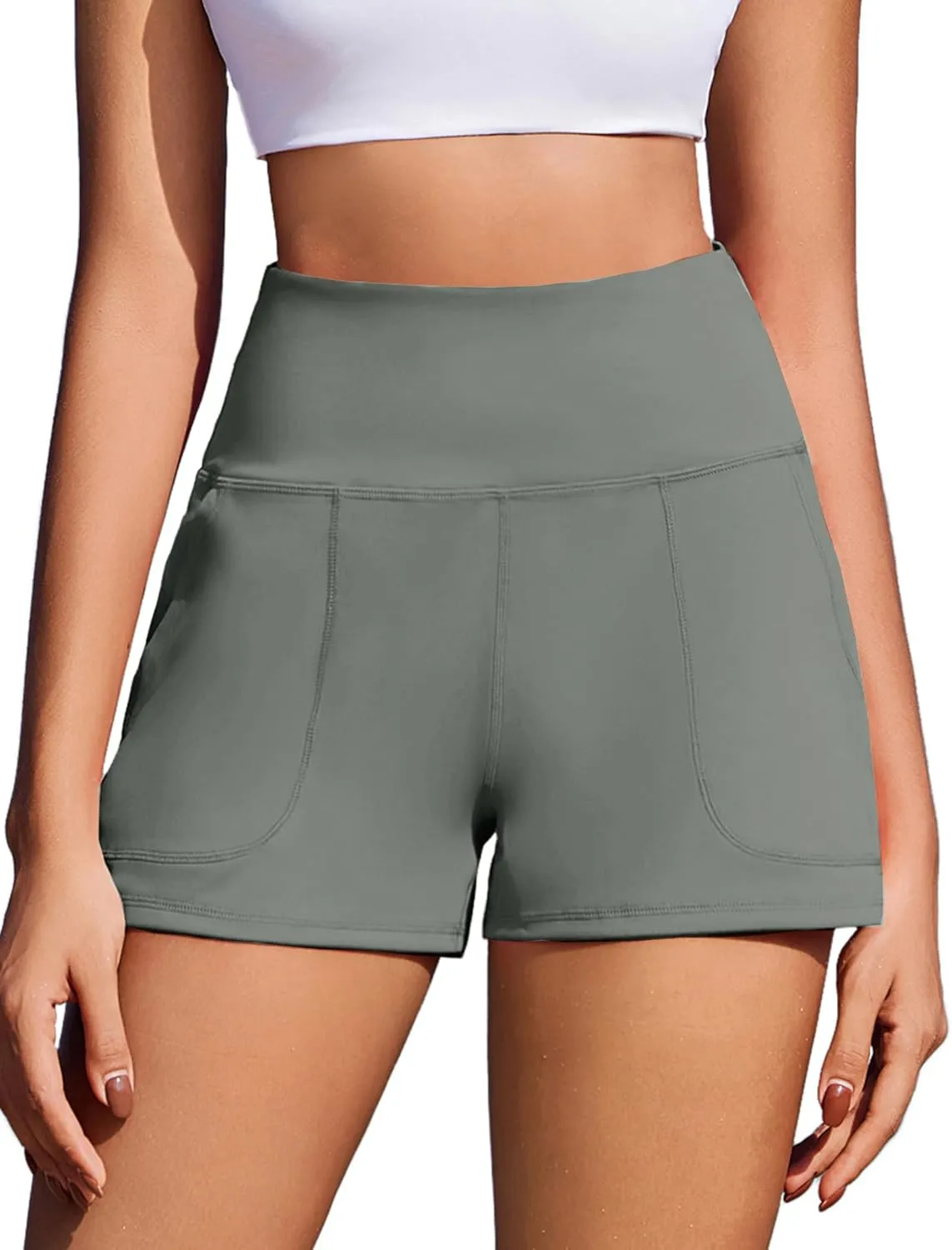 PINSPARK Workout Shorts Women Wide Leg Athletic Shorts High Waisted Yoga Shorts Tummy Control Gym Short with Pockets