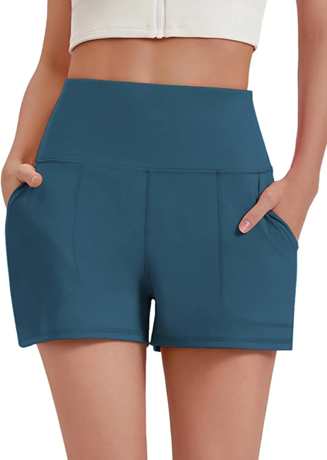 PINSPARK Workout Shorts Women Wide Leg Athletic Shorts High Waisted Yoga Shorts Tummy Control Gym Short with Pockets