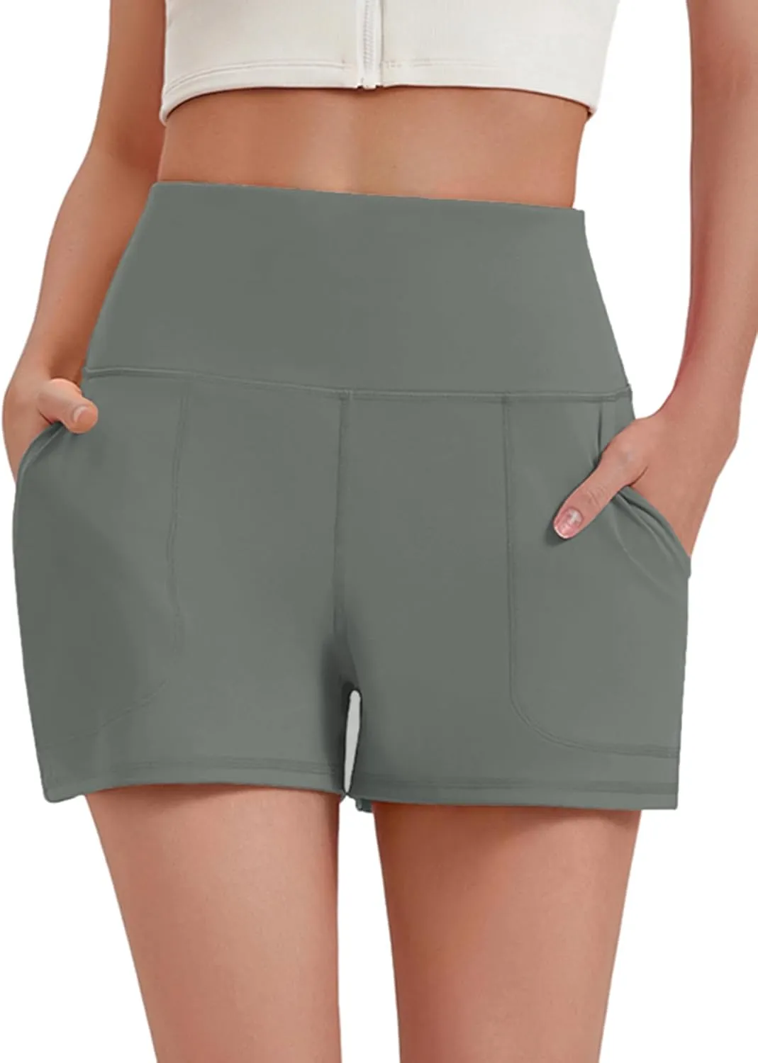 PINSPARK Workout Shorts Women Wide Leg Athletic Shorts High Waisted Yoga Shorts Tummy Control Gym Short with Pockets