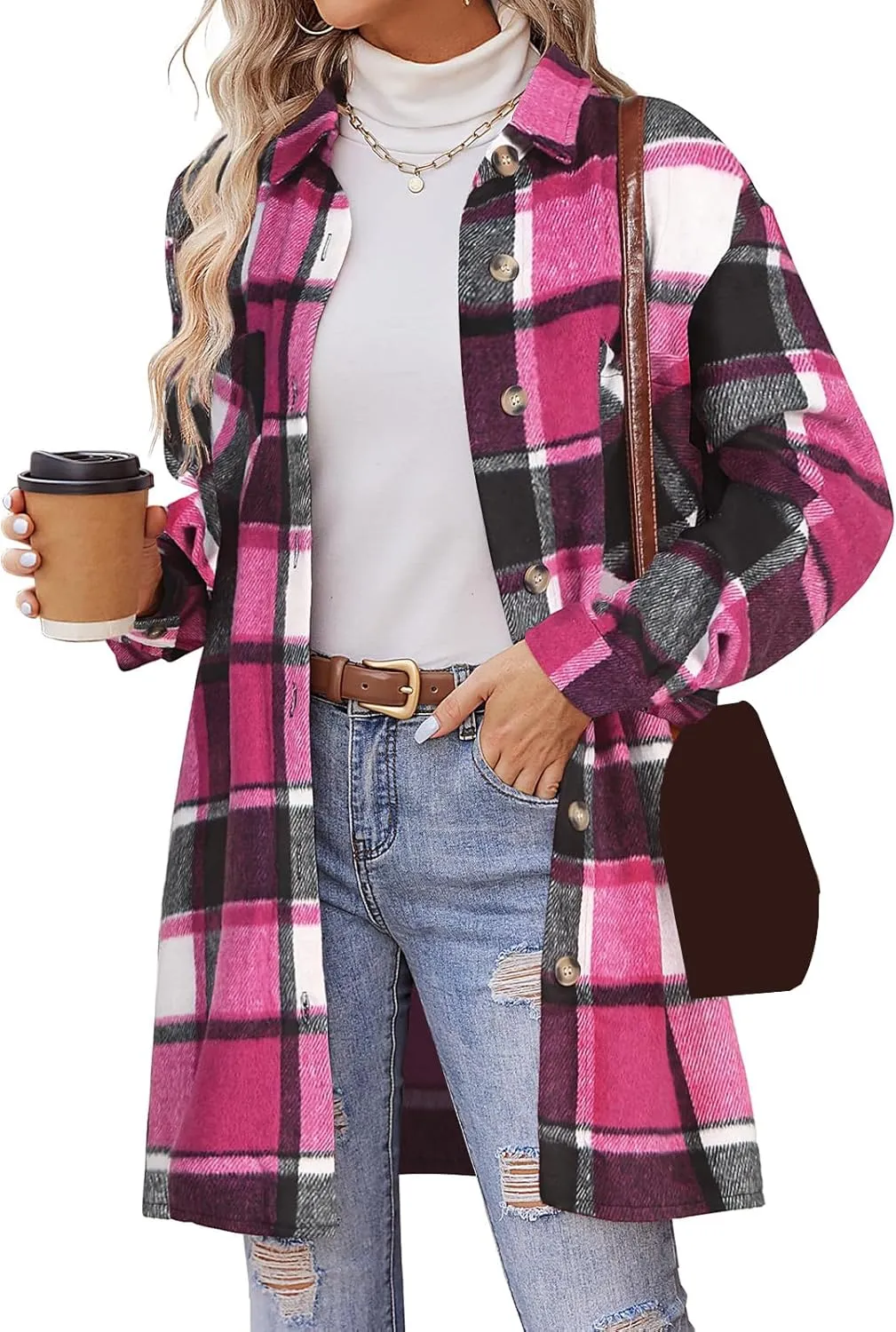 Plaid Shirts for Women Oversized Long Trench Coat Button Down Shirt Lightweight Long Sleeve Outerwear Winter Trendy