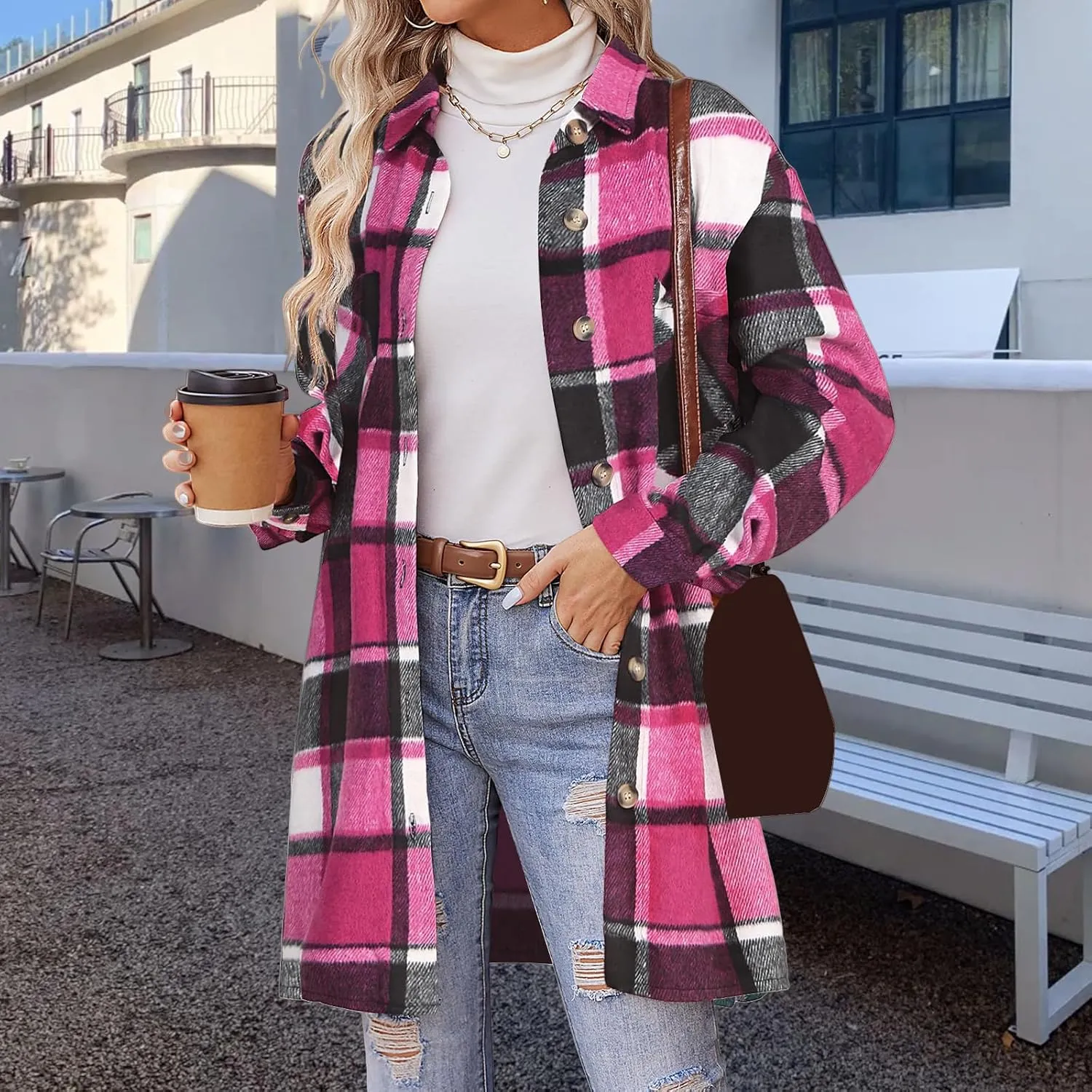 Plaid Shirts for Women Oversized Long Trench Coat Button Down Shirt Lightweight Long Sleeve Outerwear Winter Trendy