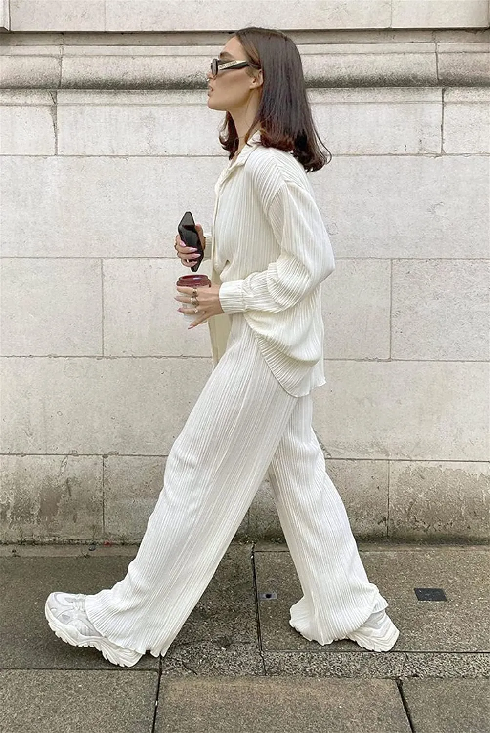 Pleated 2 Piece Outfits for Women Long Sleeve Oversized Button Down Shirt Wide Leg Pants Sets Casual Loungewear