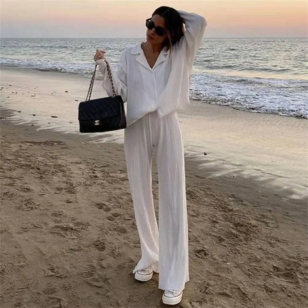 Pleated 2 Piece Outfits for Women Long Sleeve Oversized Button Down Shirt Wide Leg Pants Sets Casual Loungewear